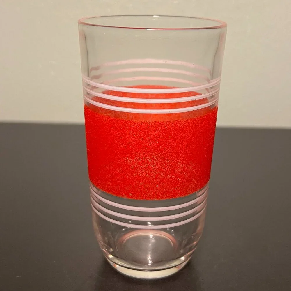 Vtg Hazel Atlas MCM Red Green Stripe Juice Glasses Set of 2 Frosted 8oz Tumbler